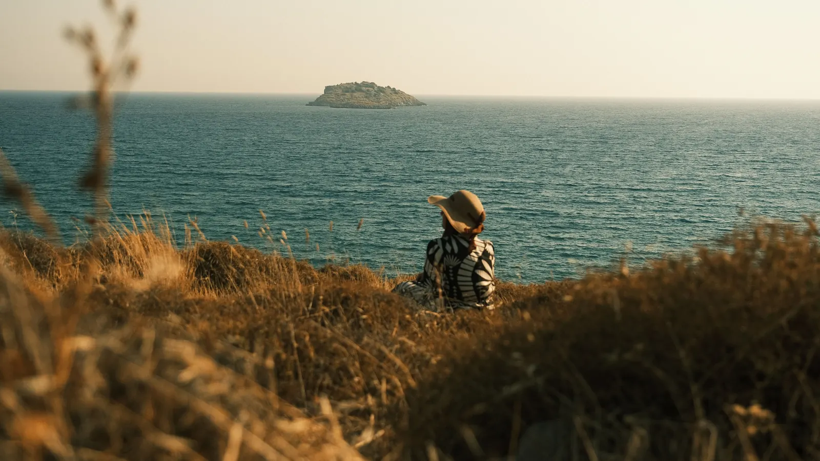 A person in a sun hat sitting in dry grass, looking out over the sea